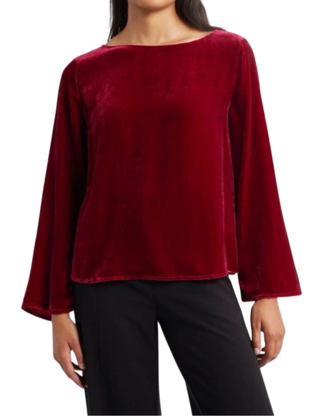Eileen Fisher Women’s XL Ruby Red Velvet Flare Sleeve Top Silk Blend NWT